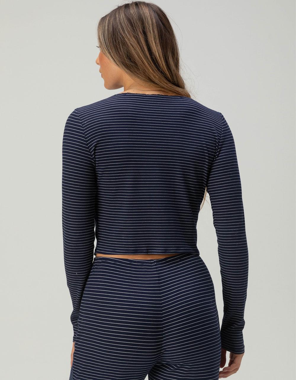 FULL TILT Rib Picot Trim Womens Long Sleeve Stripe Tee - NAVY COMBO Product Image