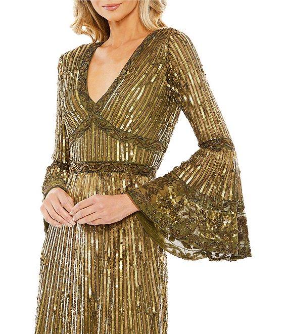 Mac Duggal V-Neck Long Bell Sleeve A-Line Midi Dress Product Image