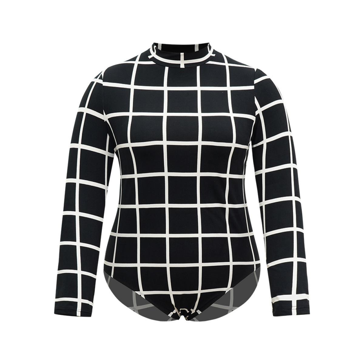 Plus Size Plaid Print Mock Neck Slightly Stretchy Bodysuit Women Black Plaid Contrast Bodysuits BloomChic 12/L Product Image