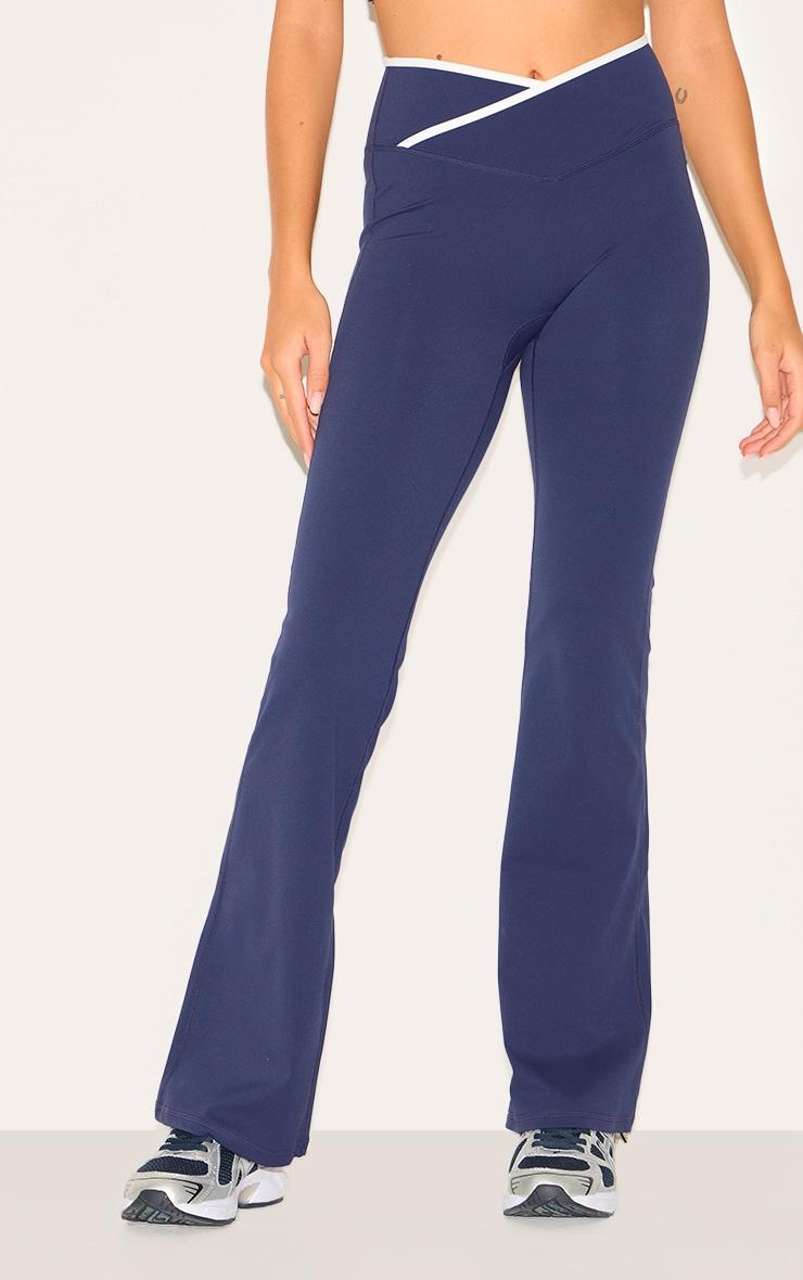 Navy Sculpt Binding Wrap Contrast Waist Yoga Pants Product Image