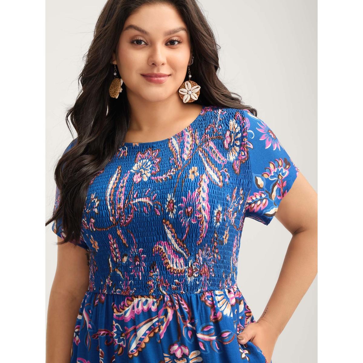 Plus Size DarkBlue Floral Shirred Bodice Pockets Jumpsuit Women Boho Cap Sleeve Round Neck Vacation Loose Jumpsuits BloomChic 22-24/3X Product Image