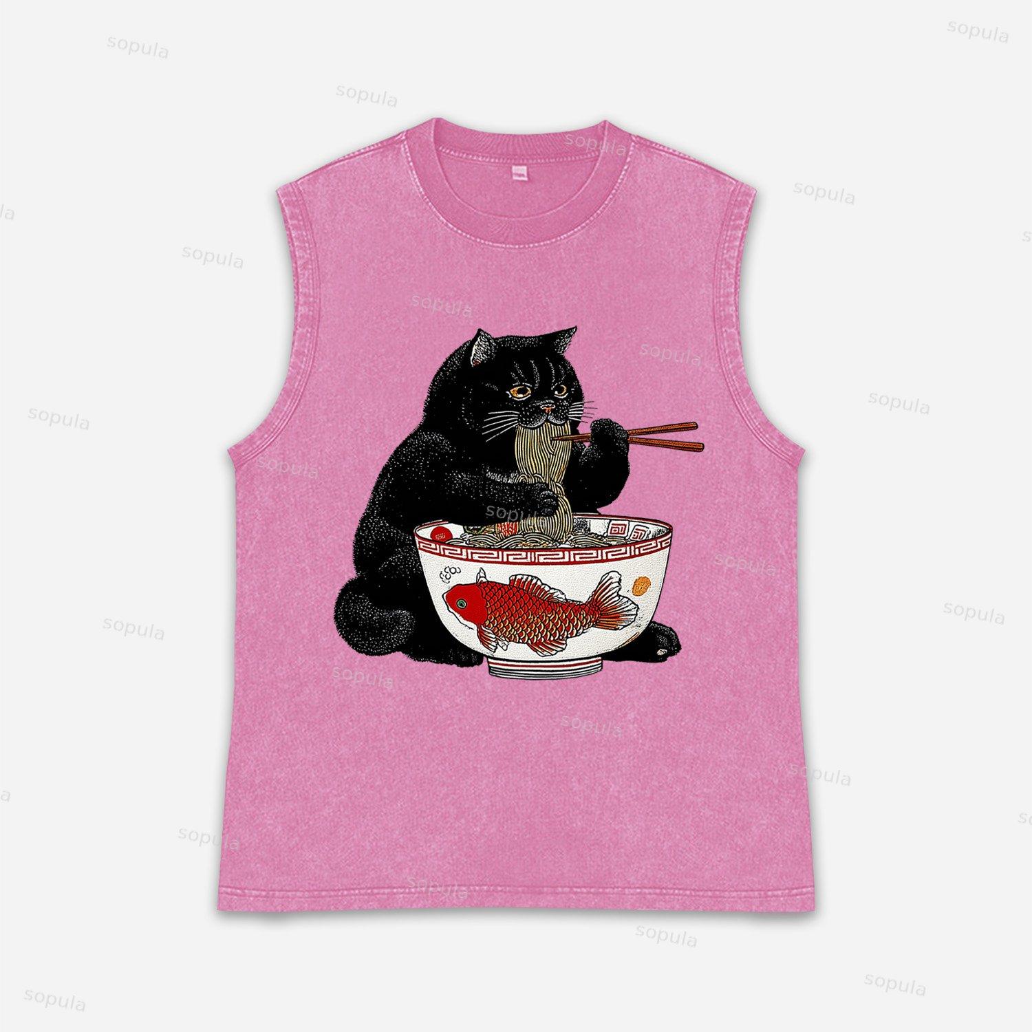 Fat Cat Eating Ramen Acid Washed Tank Top Product Image