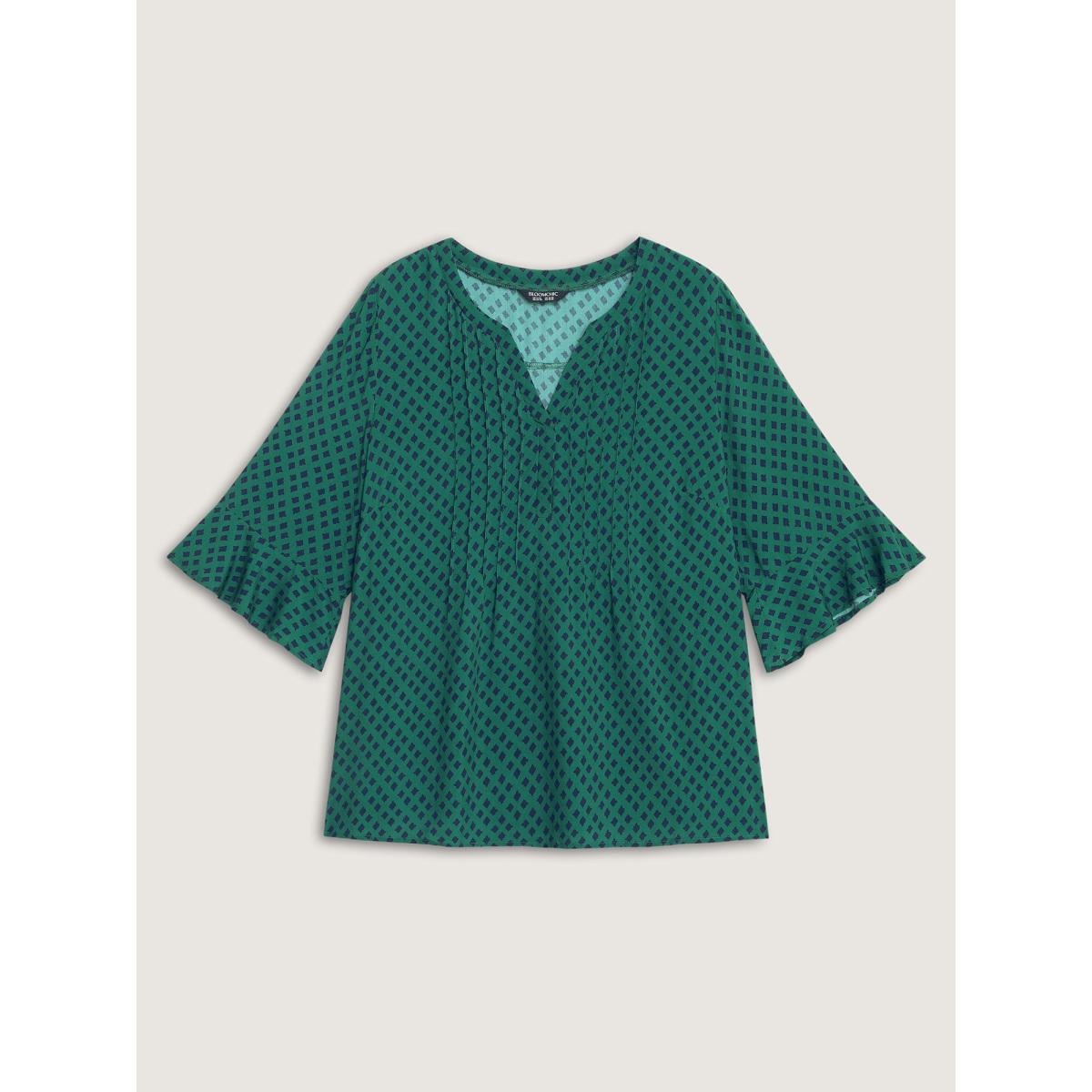 Plus Size Teal Geometric Print Bust-Ease Split Neck Blouse Women Office Three Quarter Length Sleeve Flat collar with V-notch Office Blouses BloomChic 18-20/2X Product Image