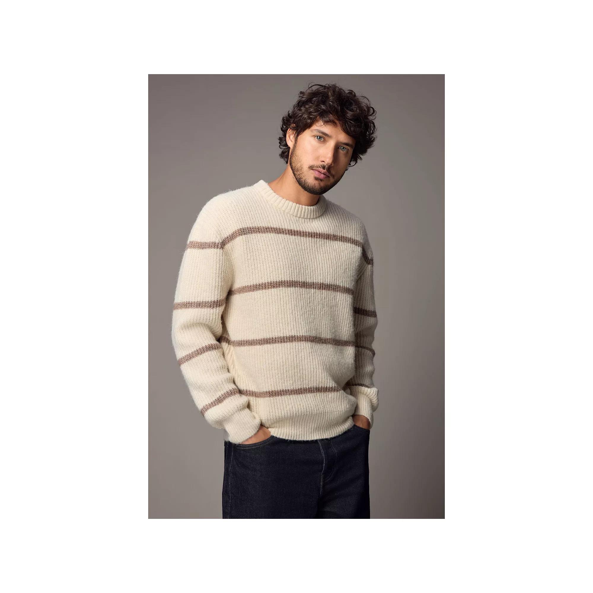 Men's NEXT Ecru White Regular Fit Horizontal Stripe Crew Sweater, Size: Medium Product Image