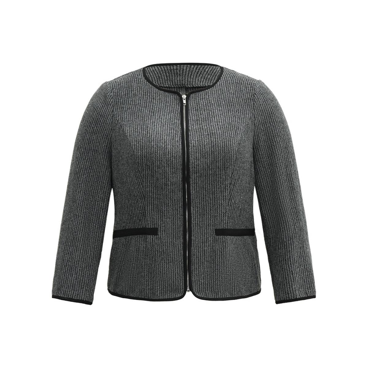 Plus Size Solid Textured Patchwork Zipper Pocket Blazer Women DimGray Office Texture Ladies Work Winter Coats BloomChic 18-20/2X Product Image