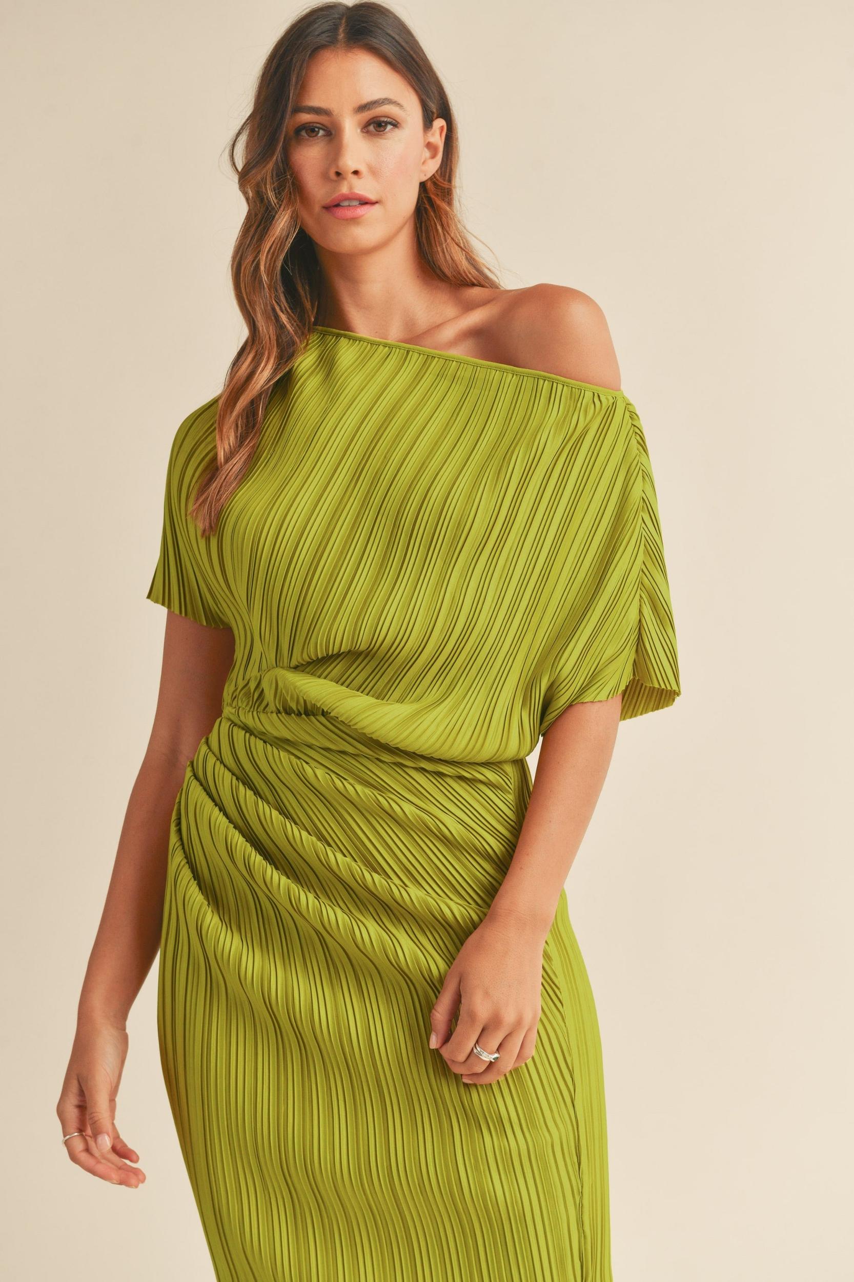 One Shoulder Pleated Midi Dress Product Image