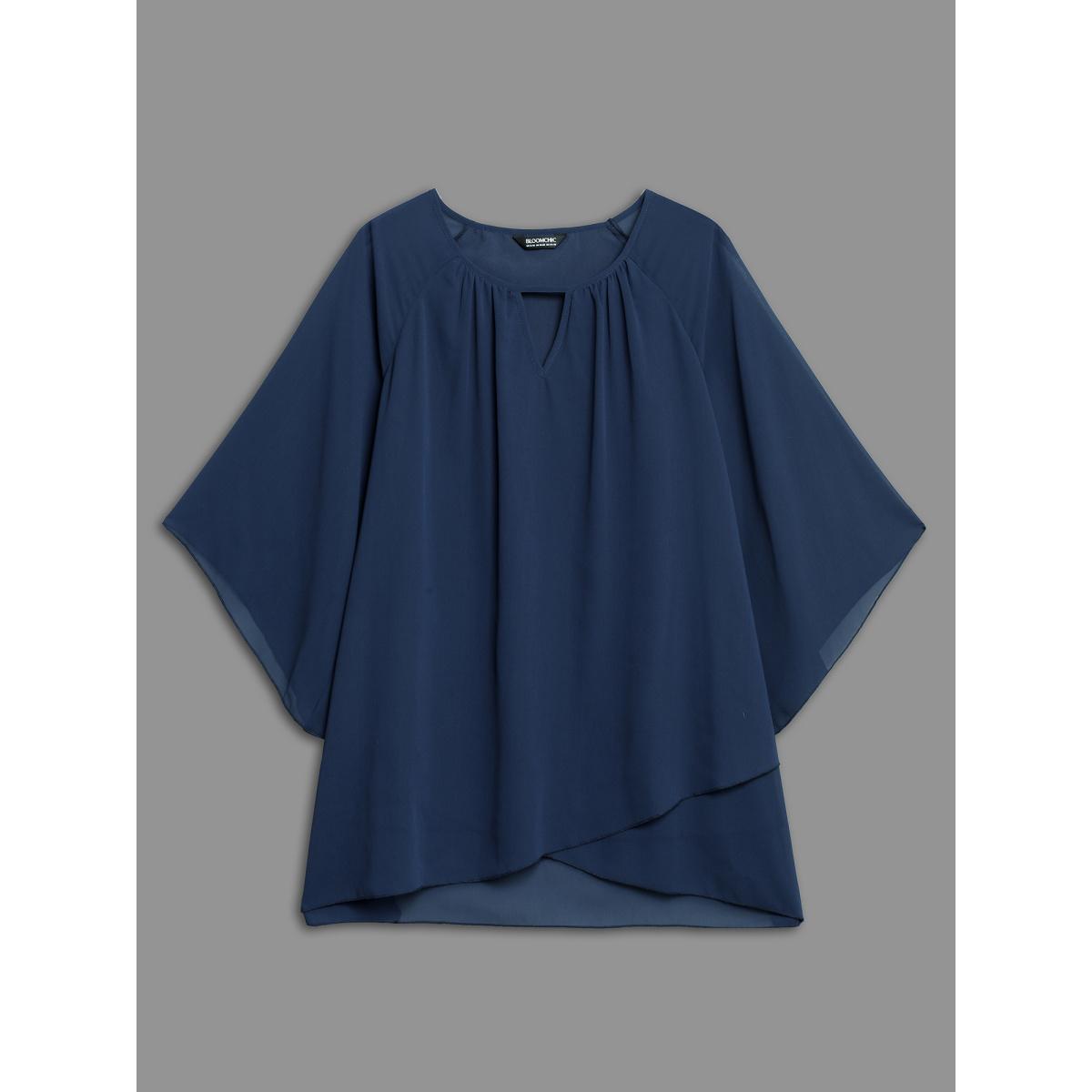Plus Size Indigo Ruched Neckline Lotus Leaf Sleeve Blouse Women Elegant Elbow-length sleeve Round Neck Everyday Blouses BloomChic 12/L Product Image