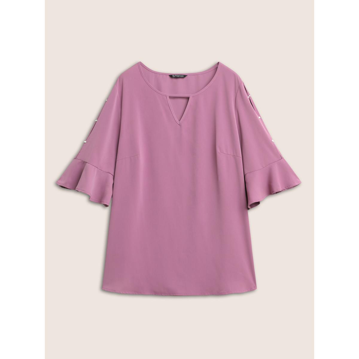 Plus Size Mauve Solid Keyhole Ruffle Sleeve Pearl Beaded Blouse Women Casual Half Sleeve Notched collar Everyday Blouses BloomChic 10/M Product Image