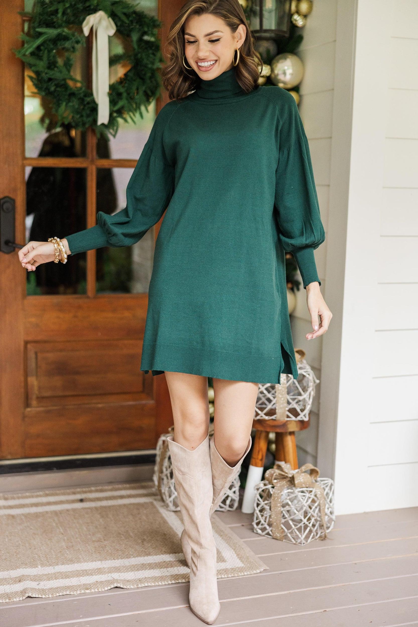 Wherever You Go Emerald Green Turtleneck Sweater Dress Female Product Image