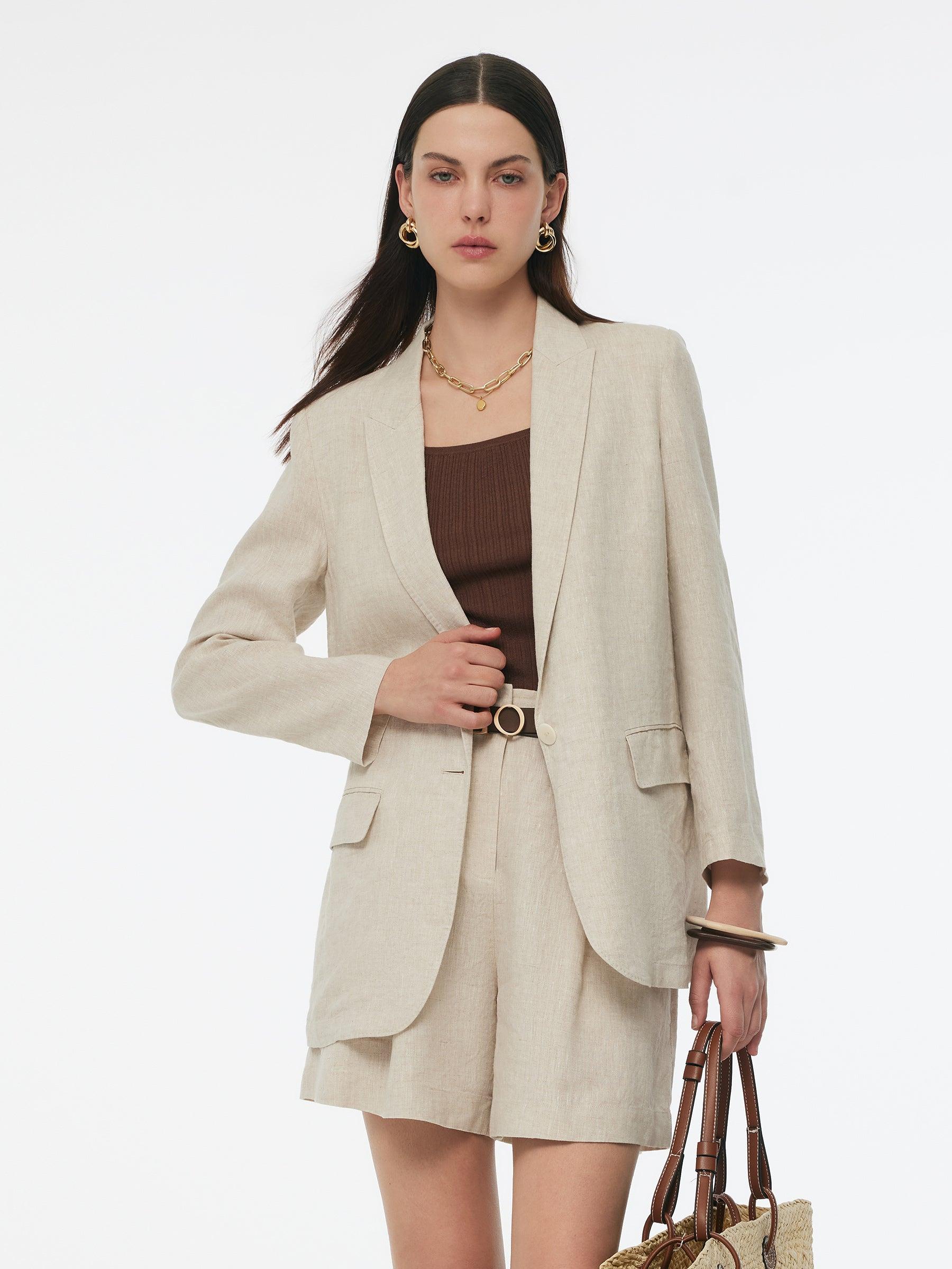 100% Linen Back Slit Women One Button Blazer Product Image