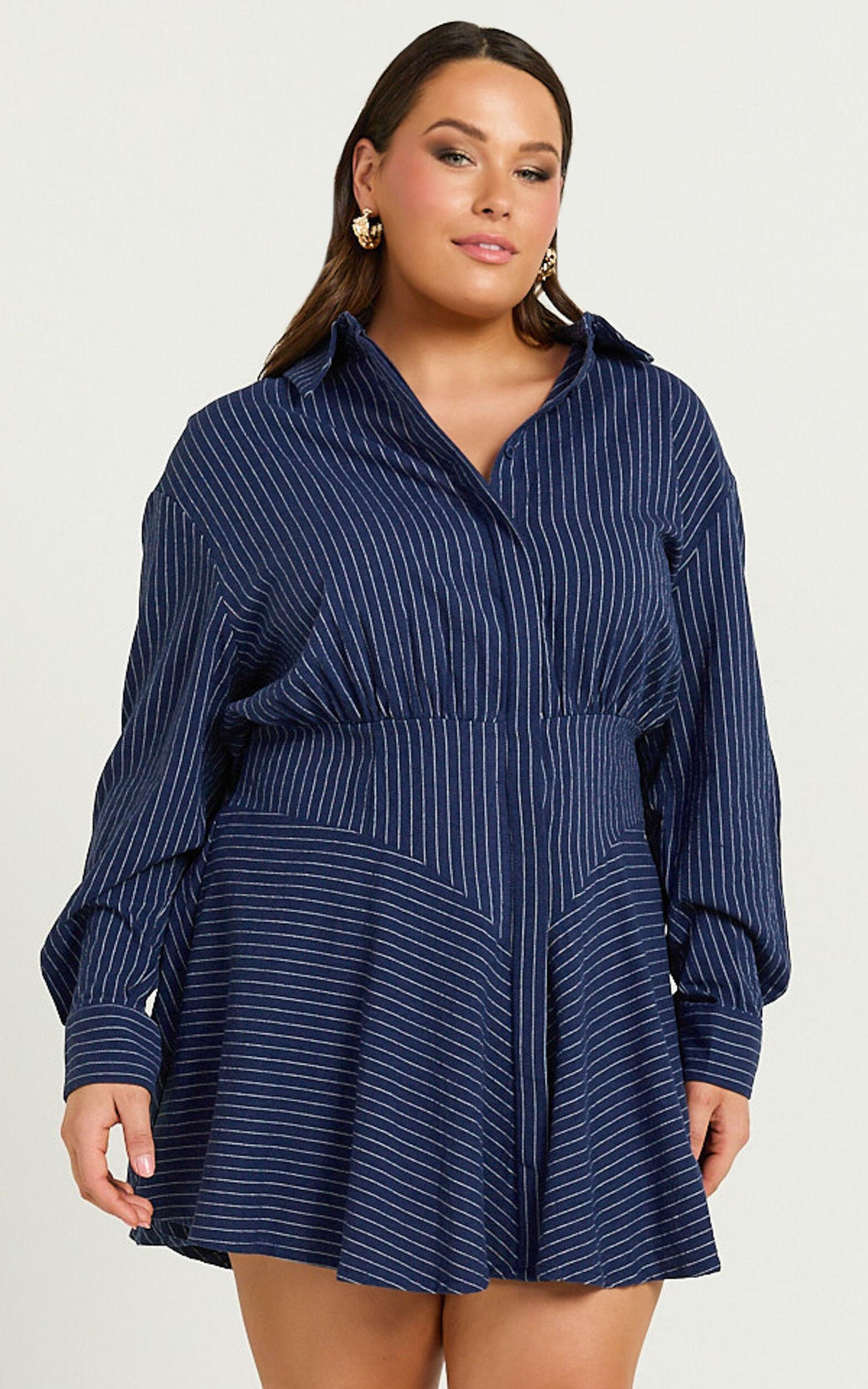 Whitney Mini Dress - Linen Long Sleeve Shirt Dress in Navy Product Image