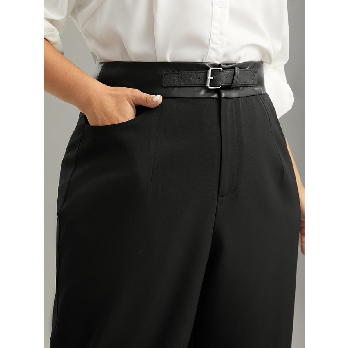 Plus Size Static-Free PU Leather Buckle Detail Pants Women Black Office High Rise Office Pants BloomChic 18-20/2X Product Image