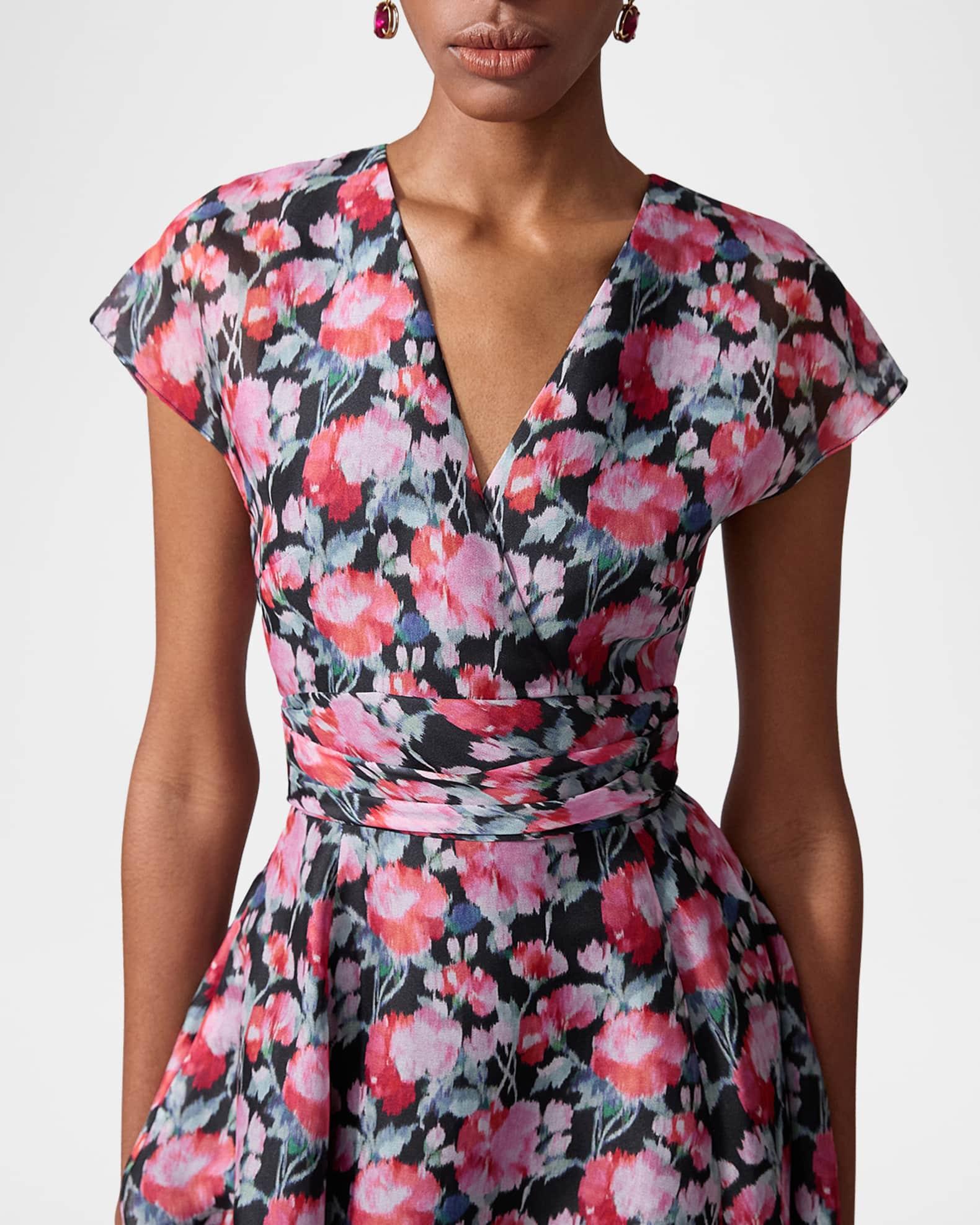V-Neck Floral Silk Cap-Sleeve Midi Dress Product Image