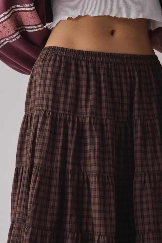 Kimchi Blue Betty Brown Plaid Tiered Midi Skirt Product Image