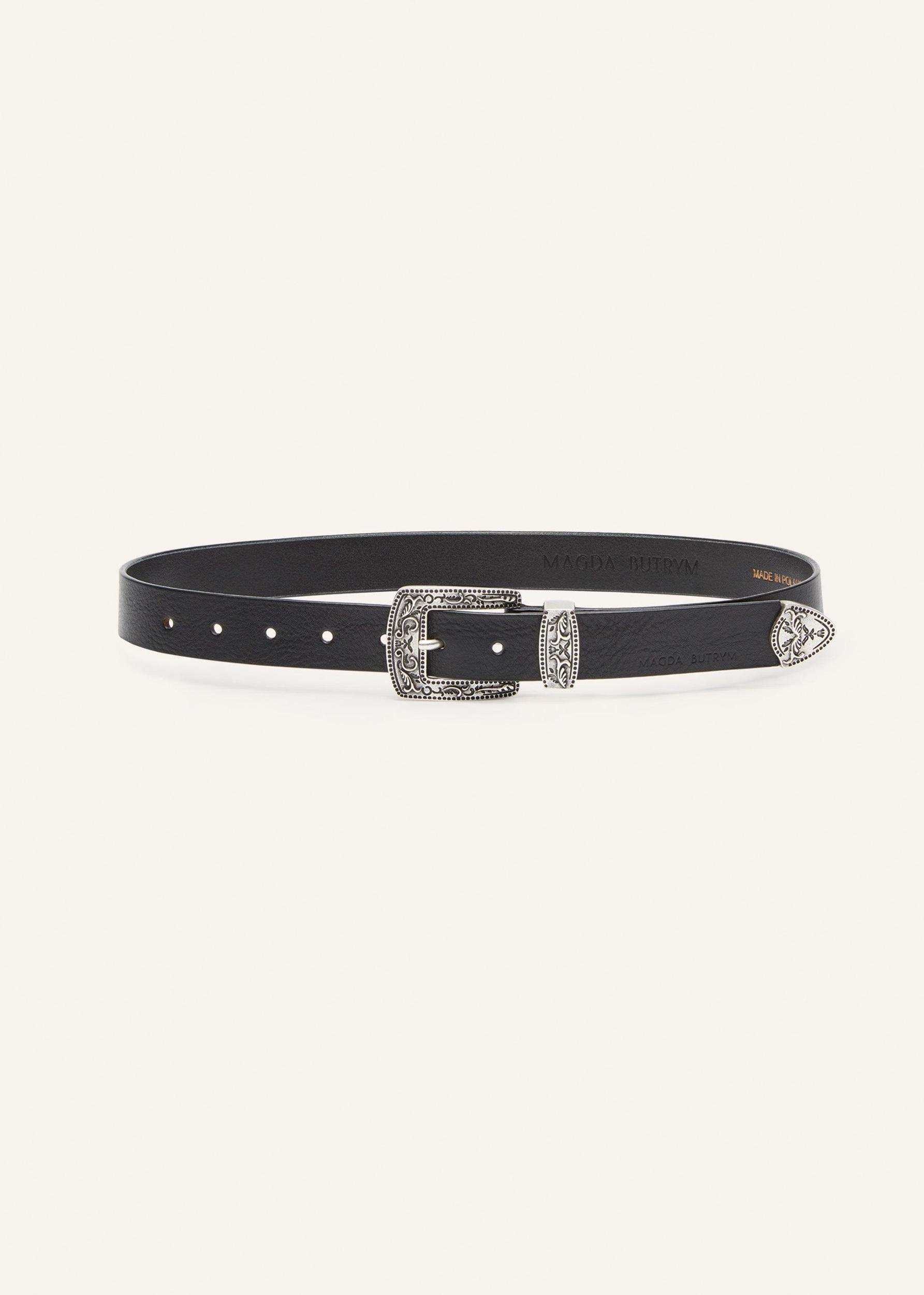 Ornate engraved leather belt in black Product Image