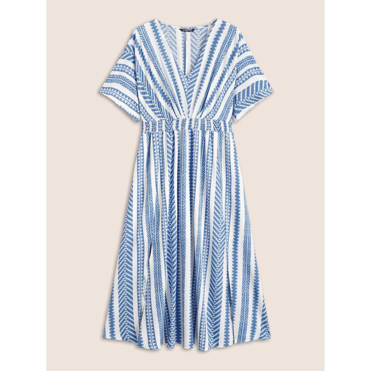 Plus Size Solid Geometric Dolman Sleeve Pocket Shirred Split Hem Dress Blue Women Resort Non V-neck Half Sleeve Curvy Long Dress BloomChic 18-20/2X Product Image