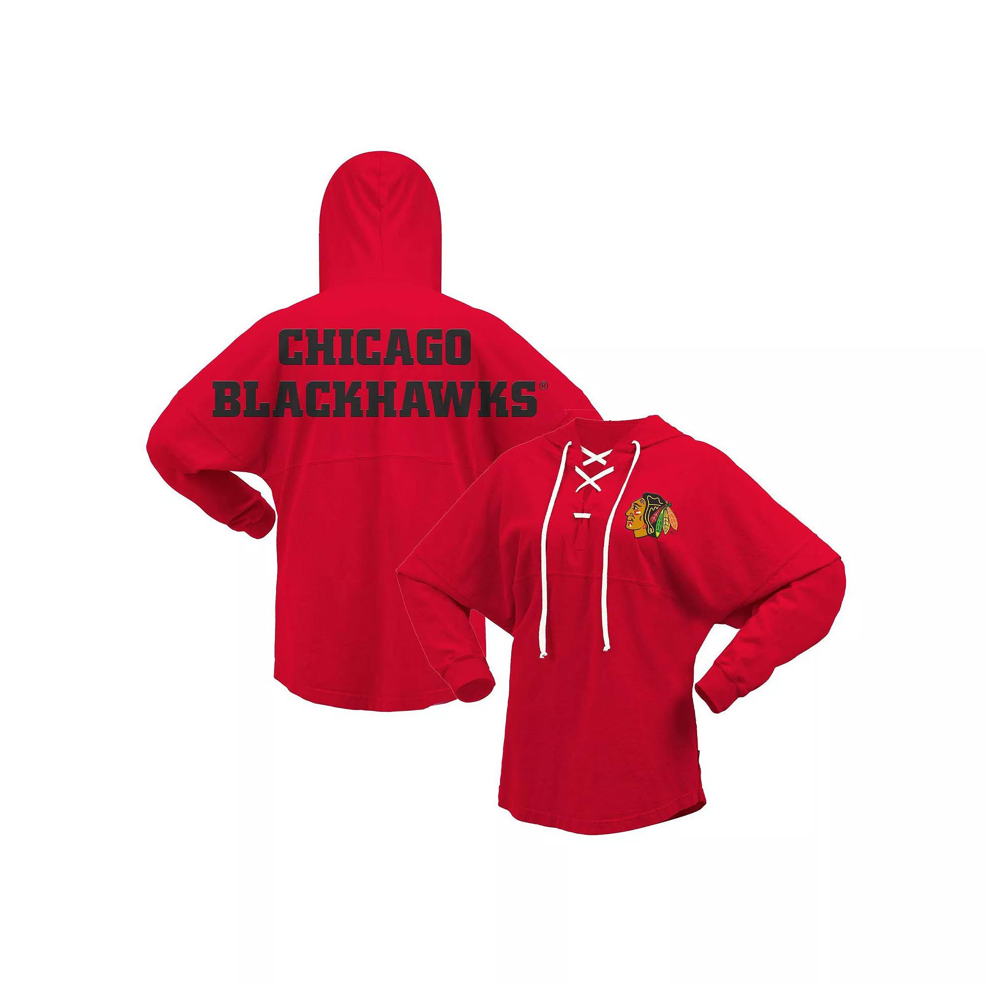 Women's Fanatics Branded Red Chicago Blackhawks Jersey Lace-Up V-Neck Long Sleeve Hoodie T-Shirt,  Product Image