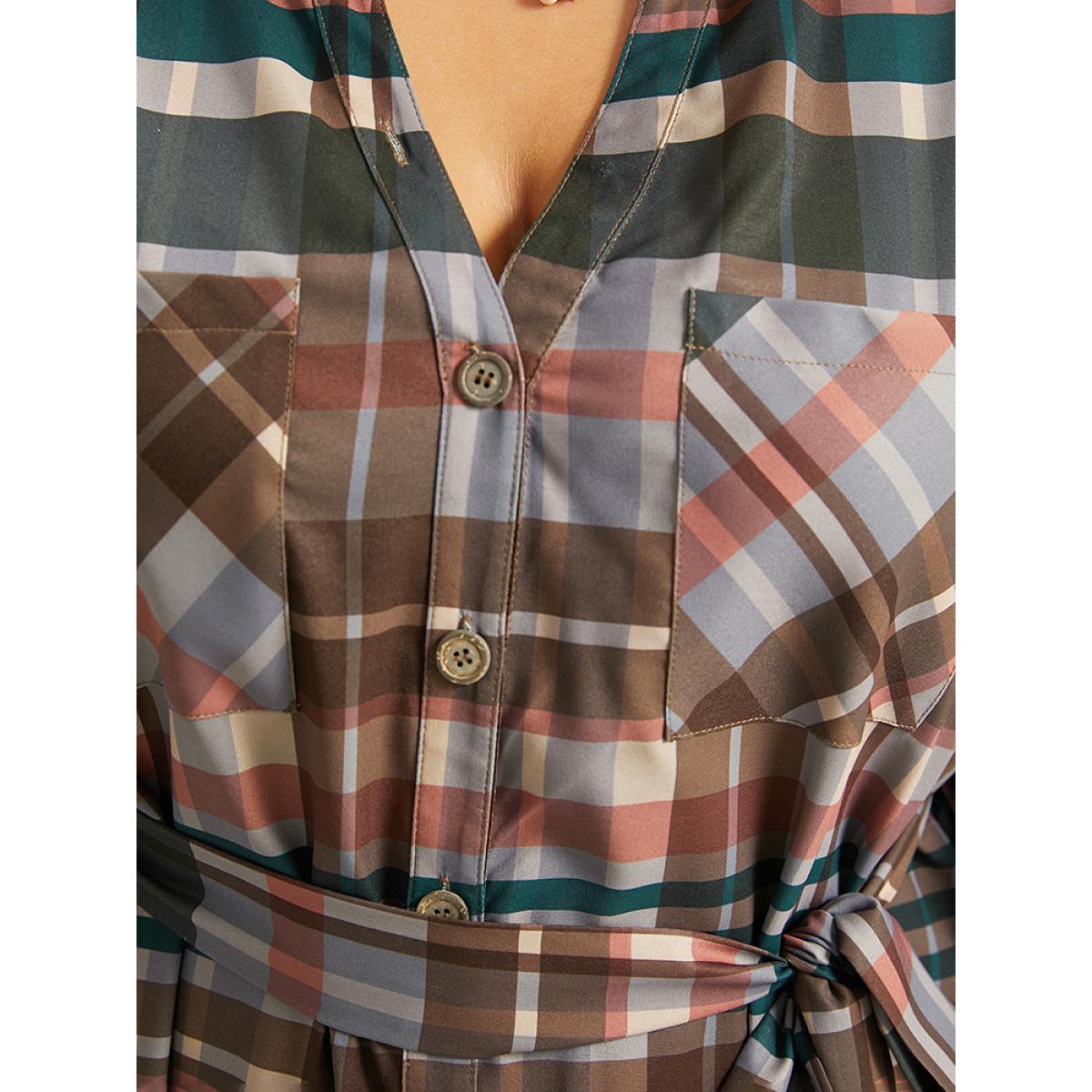 Plus Size Plaid Button Through Patched Pocket Dress Black Women Casual Belted Notched collar Long Sleeve Curvy Midi Dress BloomChic 12/L Product Image