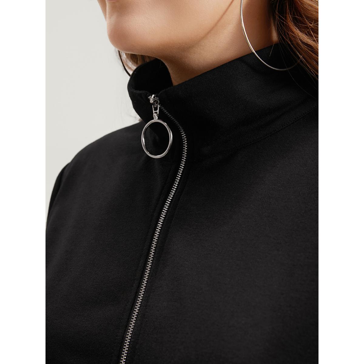 Plus Size Solid O Ring Zipper Drop Shoulder Sweatshirt Women Black Casual Zipper Turtleneck Dailywear Sweatshirts BloomChic 12/L Product Image
