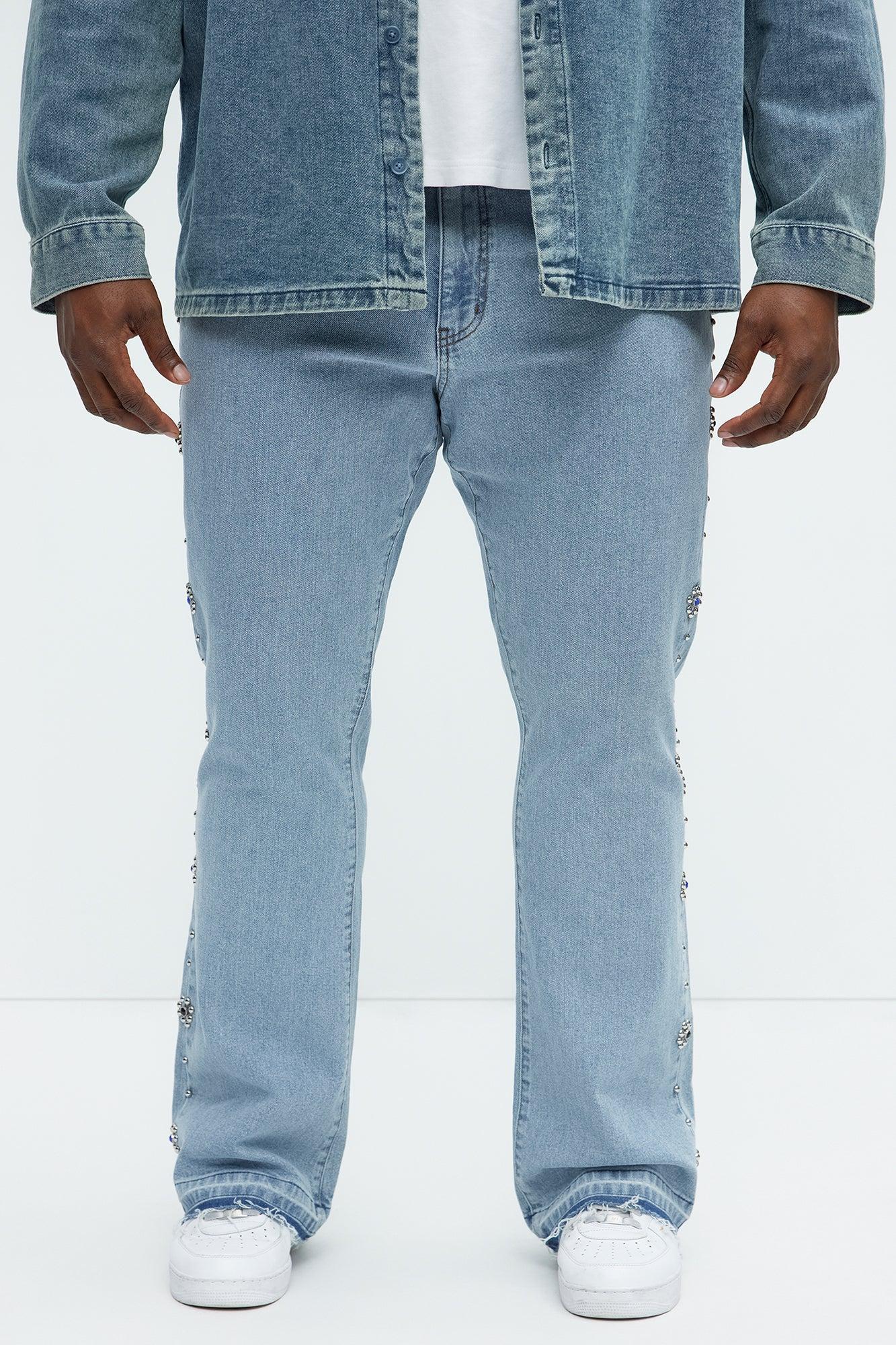 Western Studded Stacked Slim Flare Jeans - Light Wash Product Image