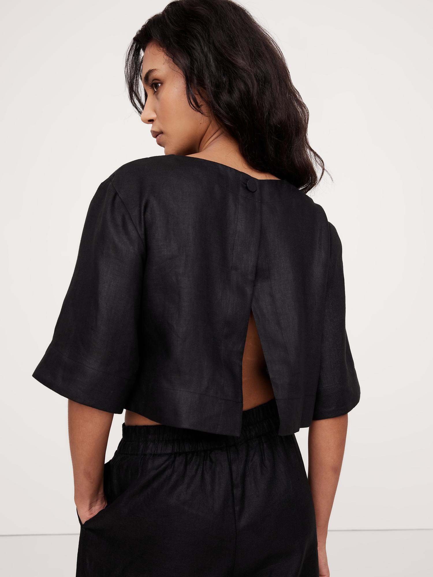 Linen Boat-Neck Cropped Top Product Image