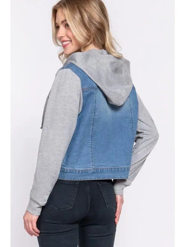 Long Sleeve Contrast Terry Sleeve with Hoodie Denim Jacket Product Image