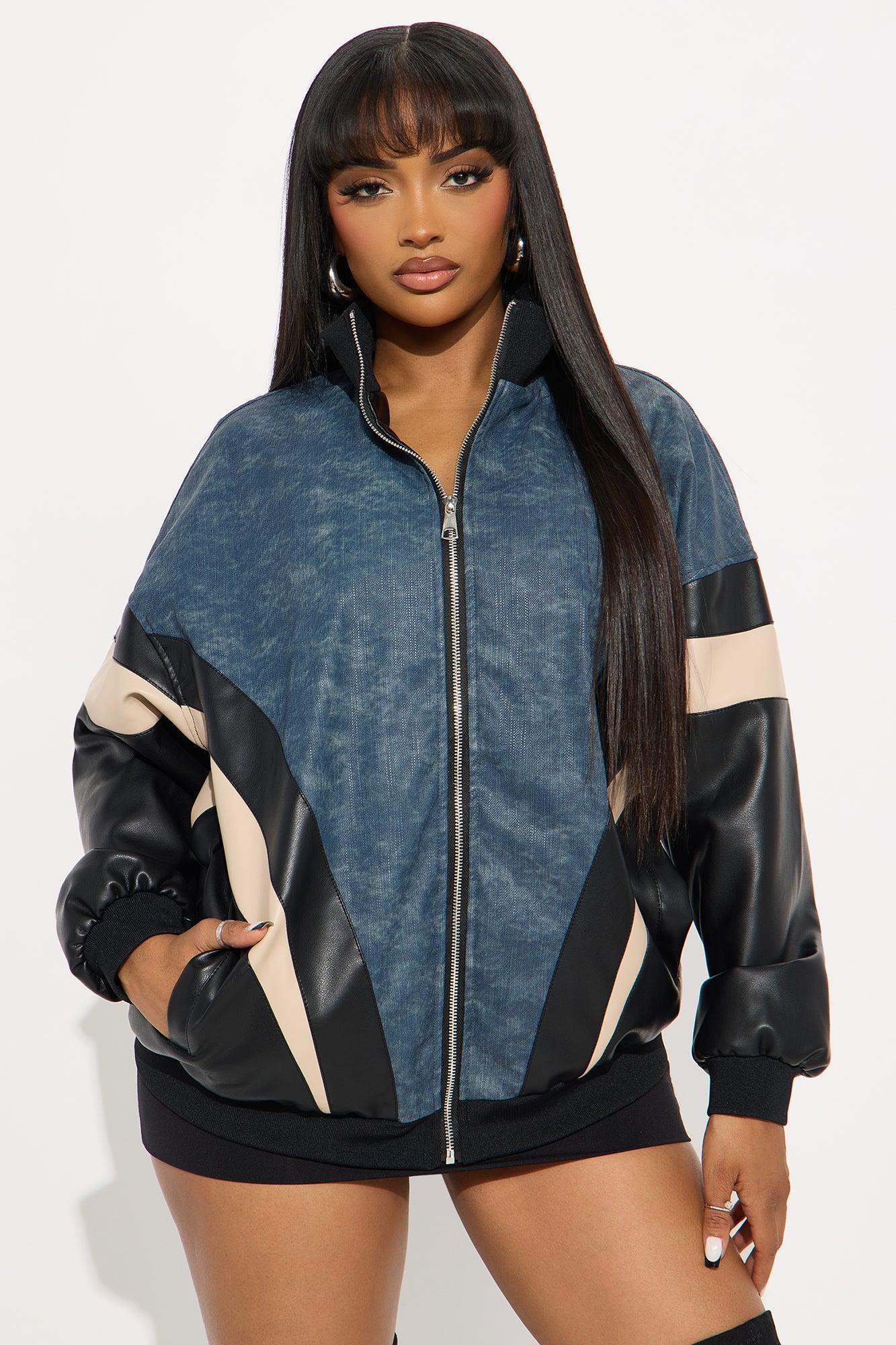 Jaded Oversized Faux Leather Bomber Jacket - Navy/combo Female Product Image
