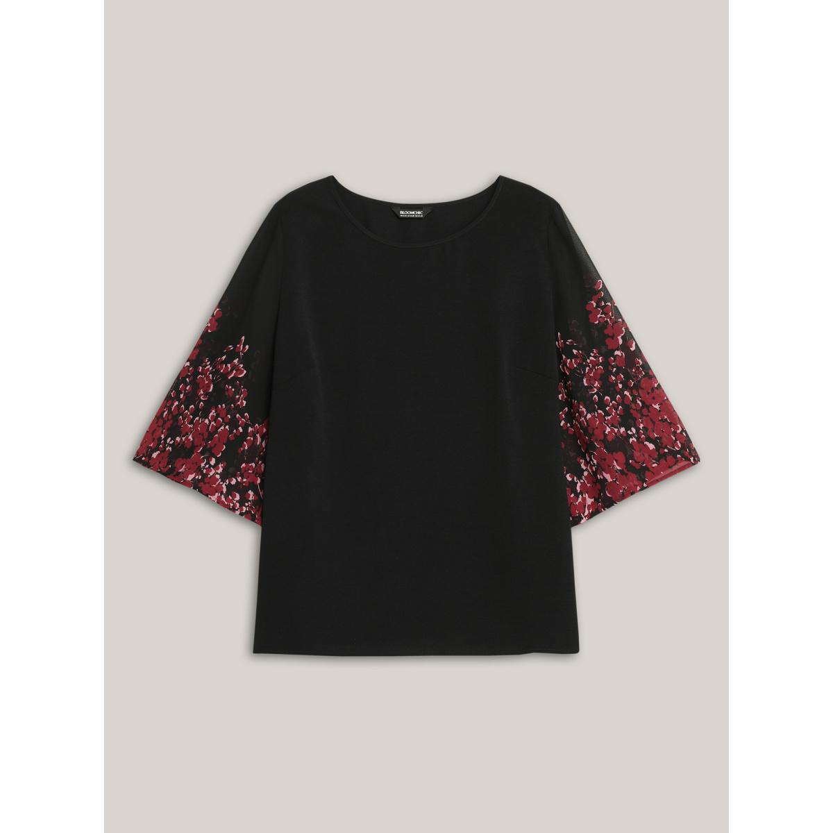 Plus Size Black Floral Spliced Round Neck Blouse Women Elegant Elbow-length sleeve Non Everyday Blouses BloomChic 18-20/2X Product Image