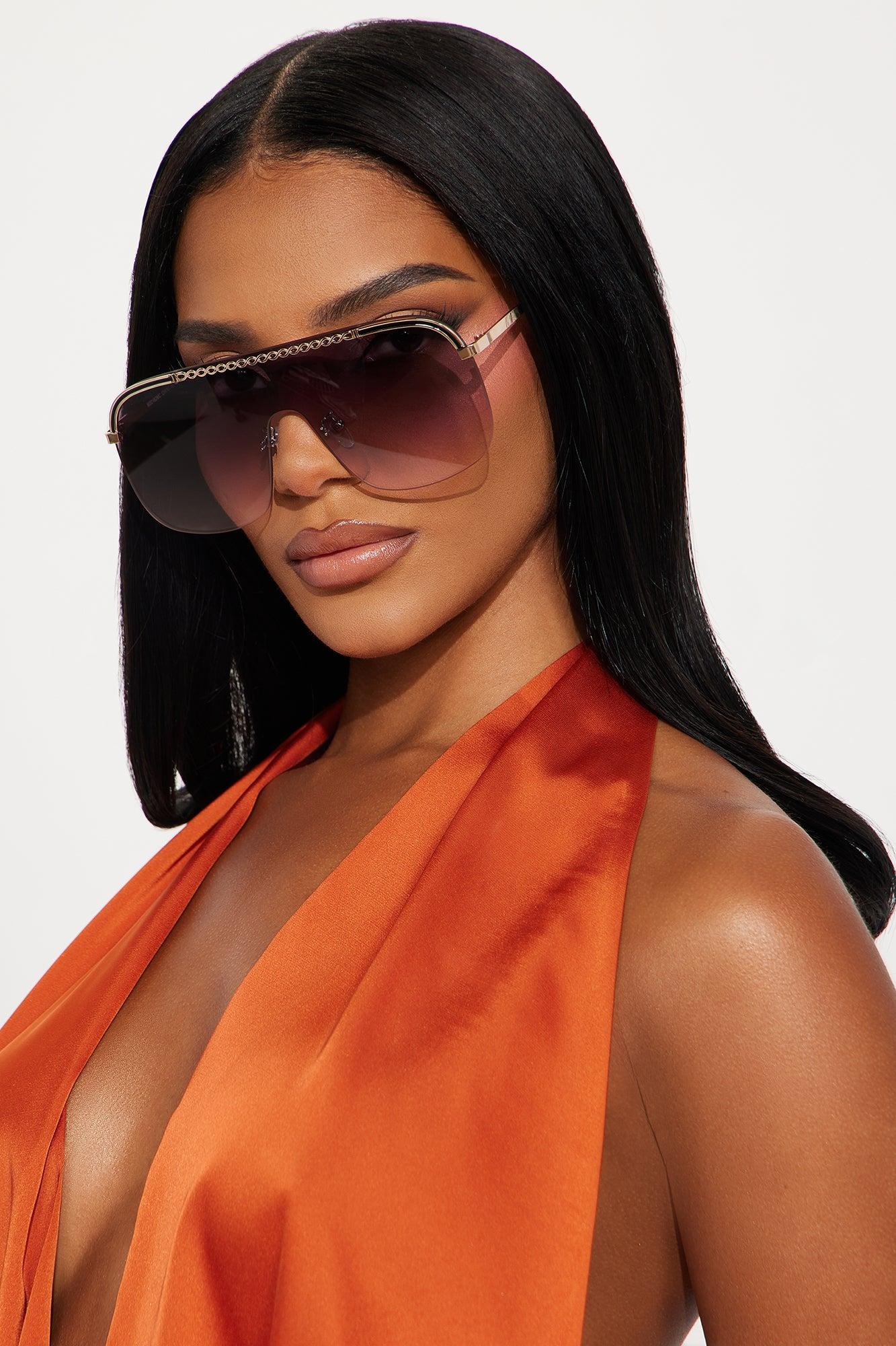 Chain Link Shield Sunglasses - Gold/Black Female Product Image