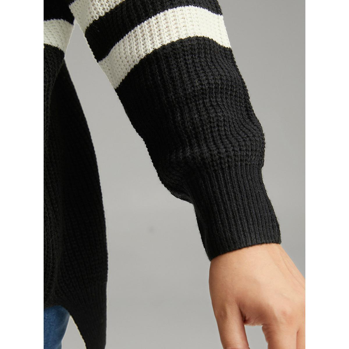 Plus Size Striped Zipper Lapel Collar Drop Shoulder Pullover Black Women Casual Loose Long Sleeve Lapel Collar Dailywear Pullovers BloomChic 14-16/1X Product Image