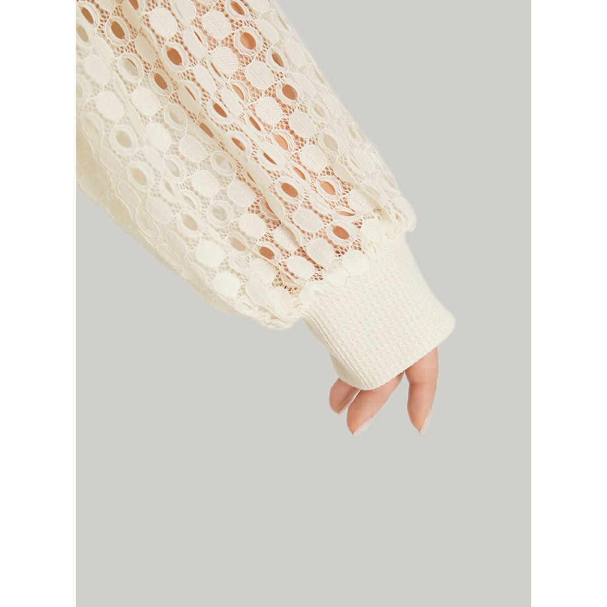 Plus Size Lace Panel Raglan Sleeve Waffle Knit Sweatshirt Women Ivory Elegant Patchwork Round Neck Dailywear Sweatshirts BloomChic 14-16/1X Product Image