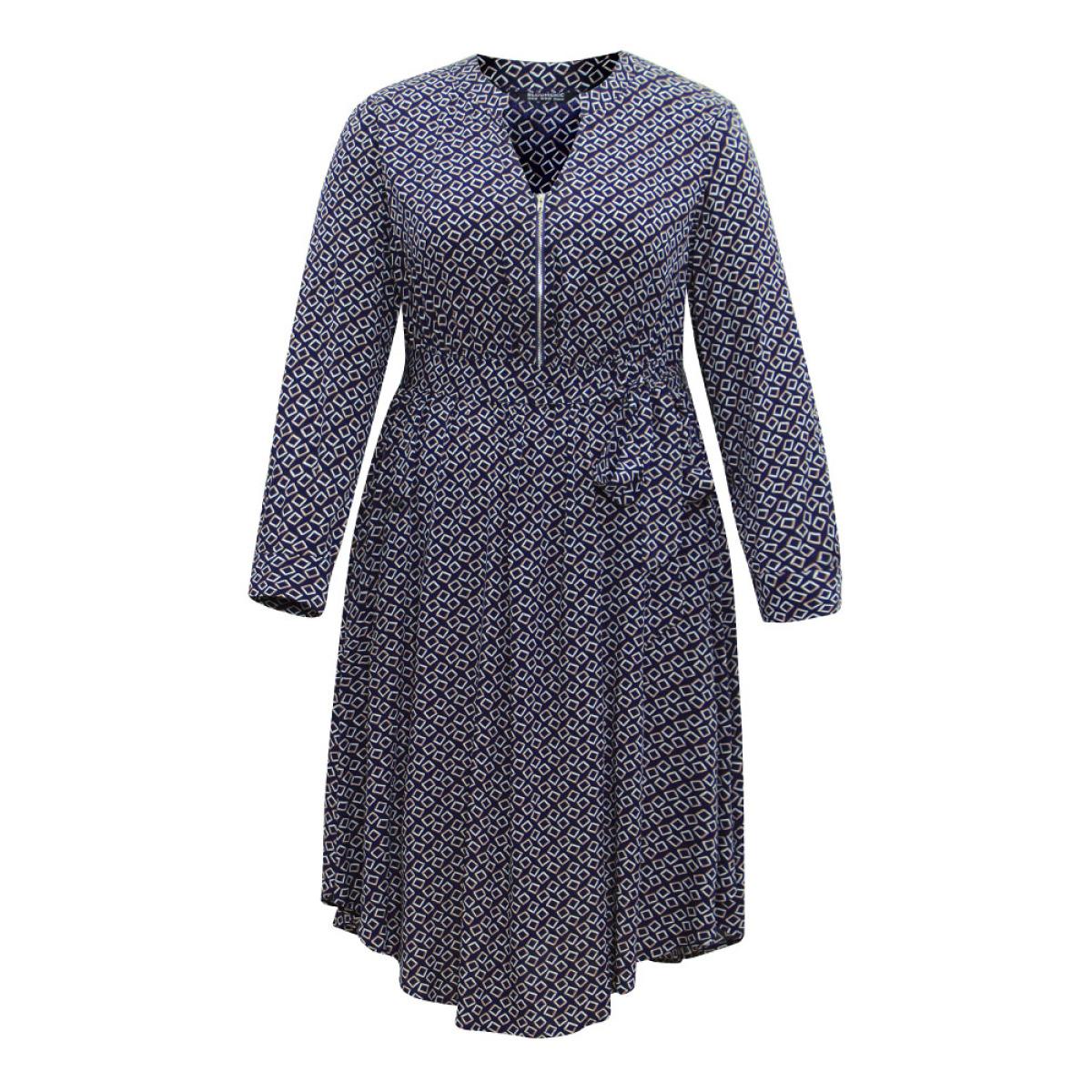 Plus Size Geometric Graphic Notched Zipper Bowknot Dress DarkBlue Women At the Office Belted Notched collar Long Sleeve Curvy Midi Dress BloomChic 30/6X Product Image