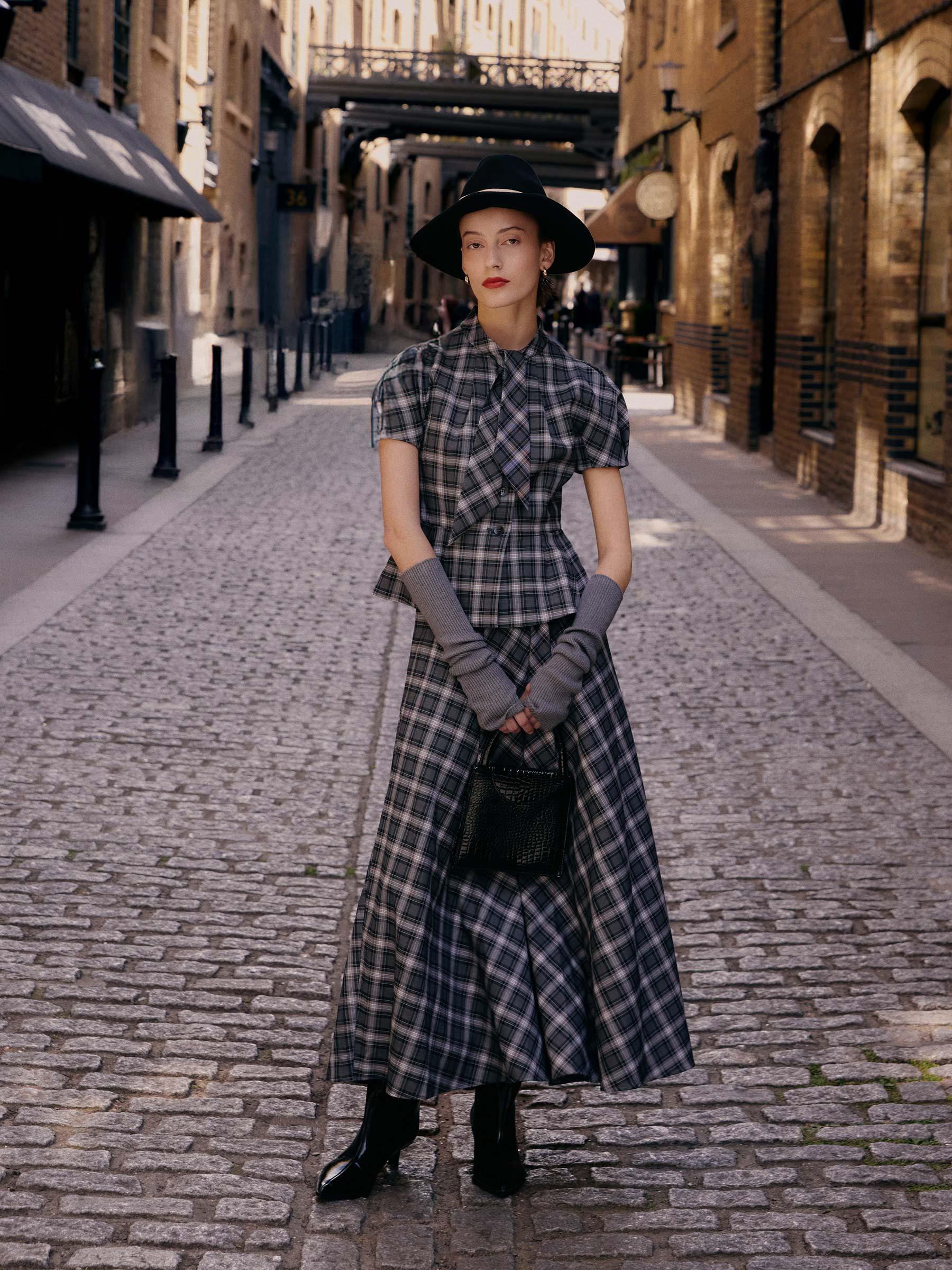 Plaid Ribbon Tie Women Flare Hem Top Product Image