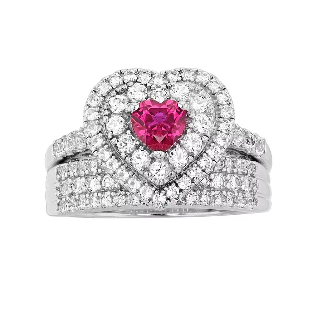 Sterling Silver Lab-Created Ruby & Lab-Created White Sapphire Heart Engagement Ring Set, Women's, Size: 7 Product Image