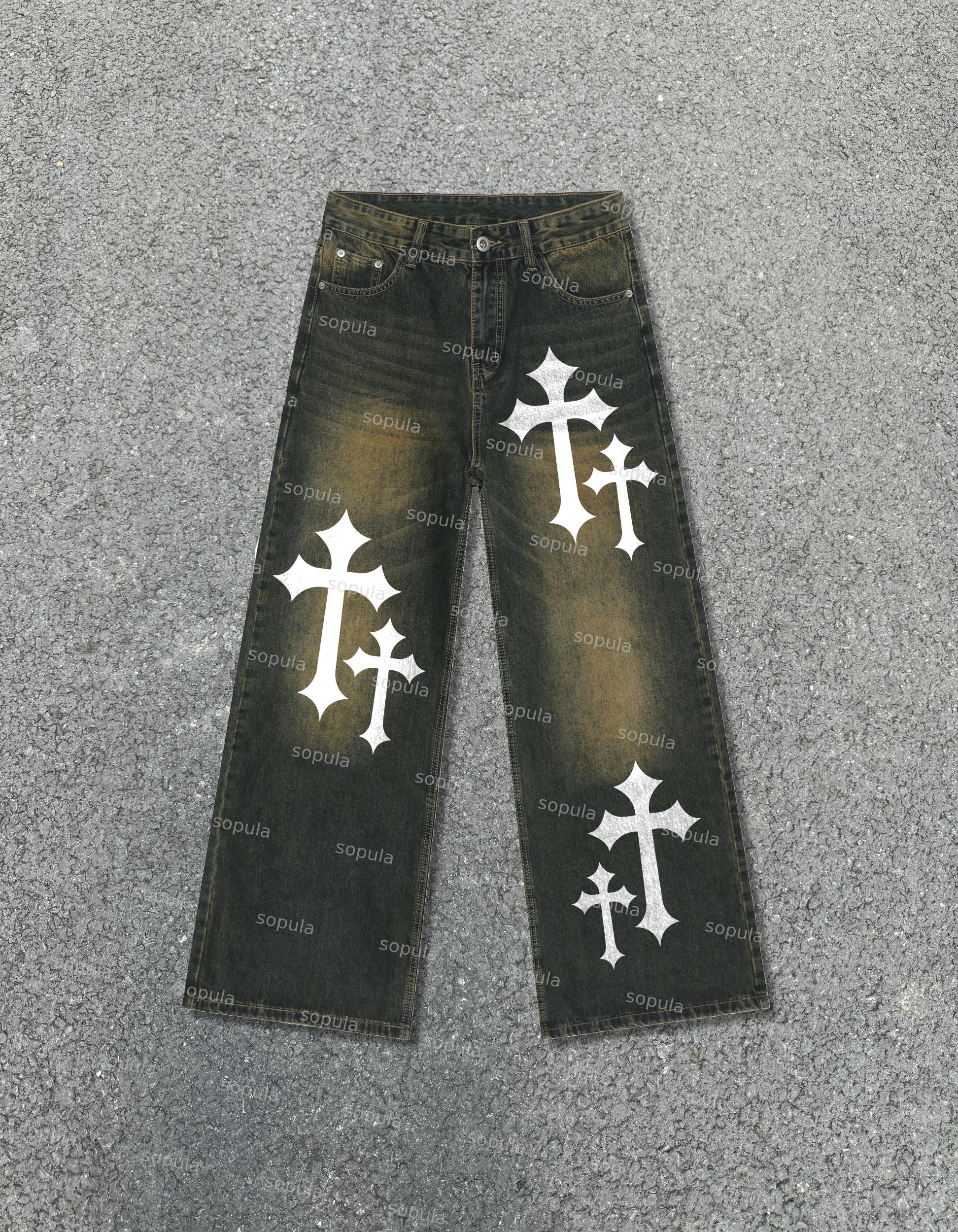Y2k Vintage Cross Print Wide-leg Baggy Jeans Product Image
