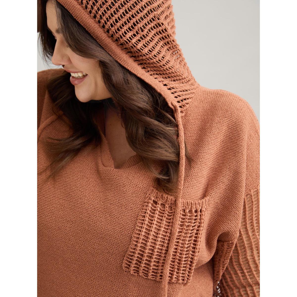 Plus Size Hooded Drawstring Cut Out Pocket Pullover Yellowishbrown Women Leisure Three Quarter Length Sleeve V-neck Casual Pullovers BloomChic 26/4X Product Image