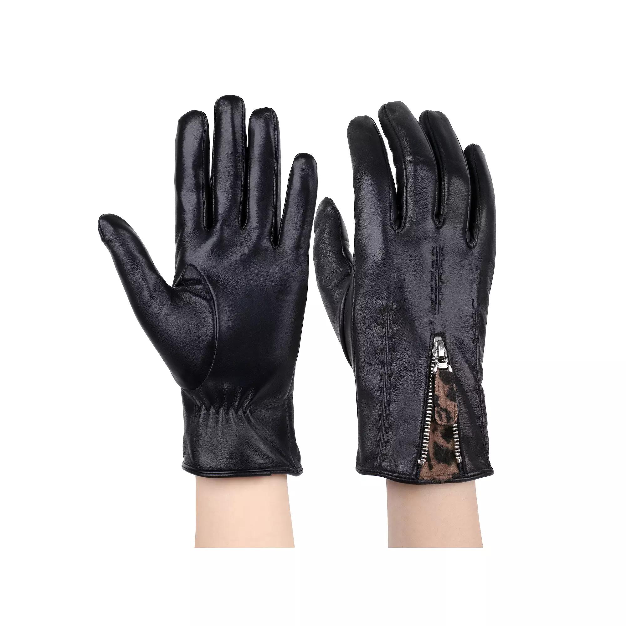 Women's Karla Hanson Leather Gloves with Leopard Gusset,  Product Image