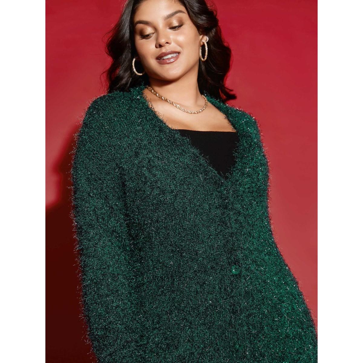 Plus Size Shimmery V-neck Button-Front Cardigan DarkGreen Women Cocktail Loose Long Sleeve Party Cardigans BloomChic 28/5X Product Image