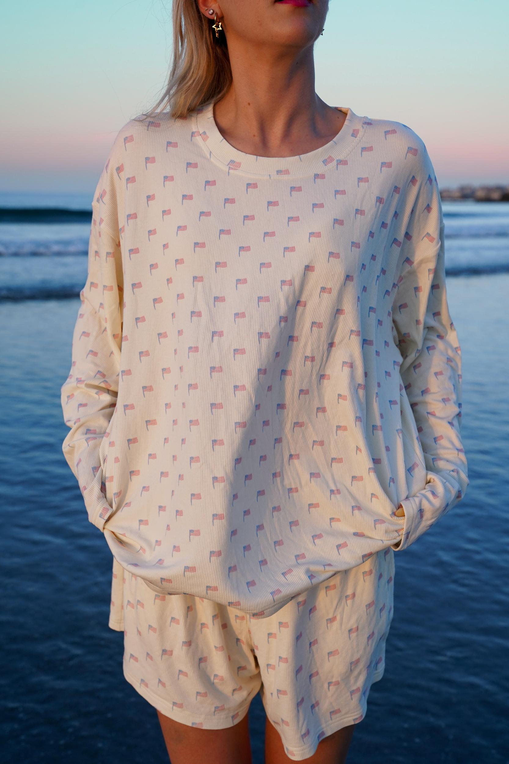 Pale Yellow American Flag Pajama Pattern Top Product Image