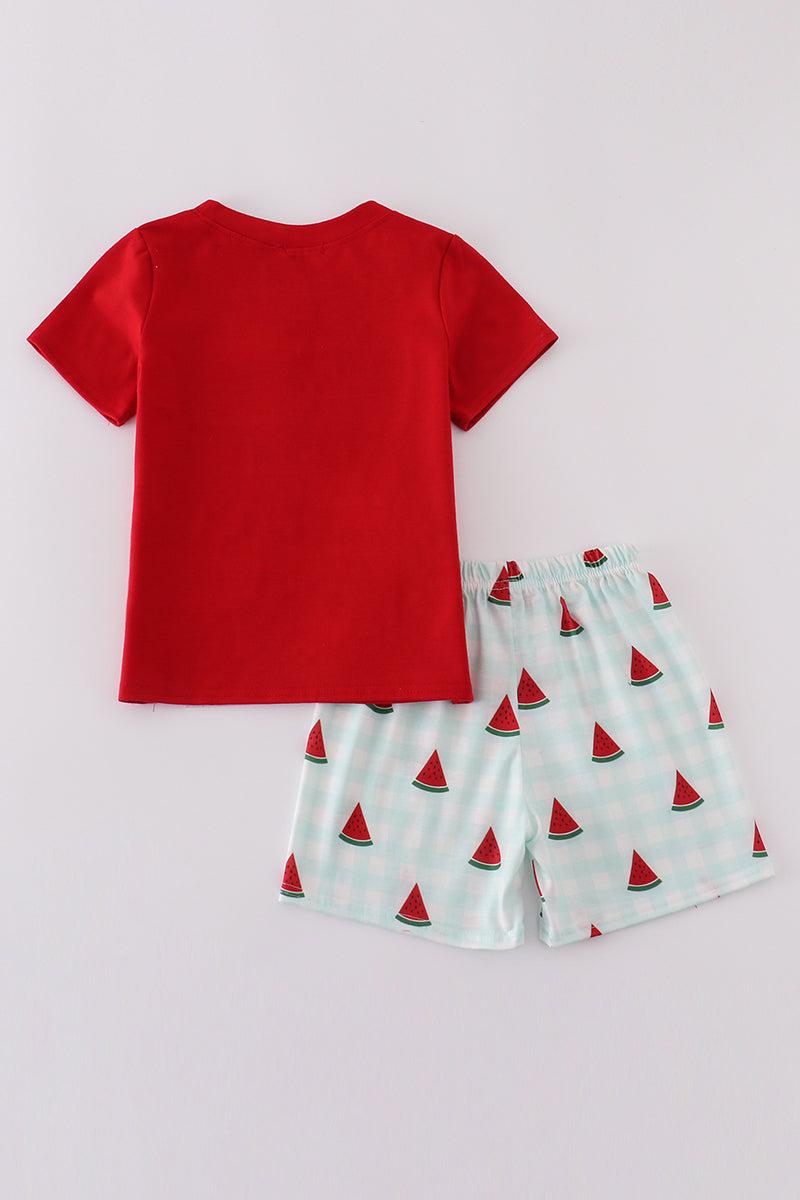 Red watermelon embroidery smocked set Product Image