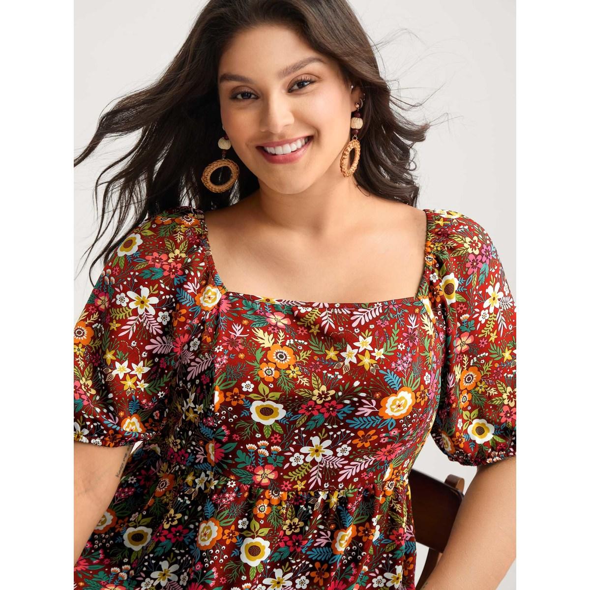Plus Size Scarlet Floral Square Neck Fit and Flare Blouse Women Playful Short sleeve Square Neck Vacation Blouses BloomChic 22-24/3X Product Image