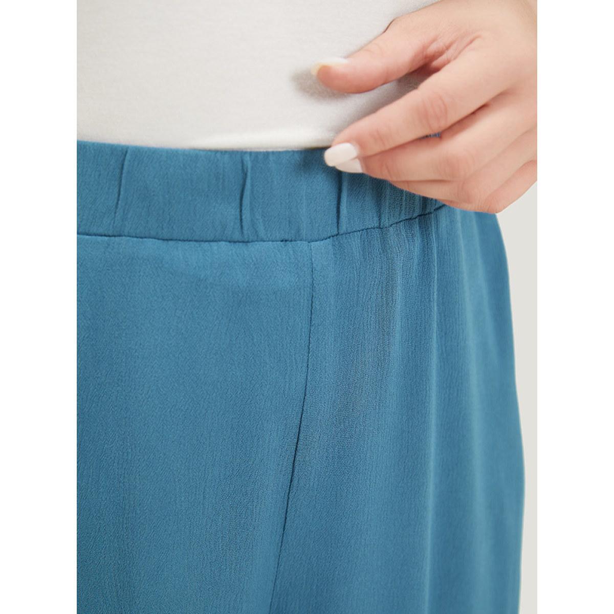 Plus Size Solid Button Gathered Pocket Loose Cropped Pants Women Cerulean Elegant Straight Leg High Rise Dailywear Pants BloomChic 12/L Product Image