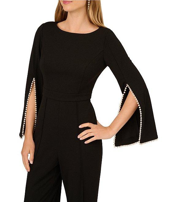 Adrianna Papell Crepe Spilt Sleeve Pearl Trim Jumpsuit Product Image