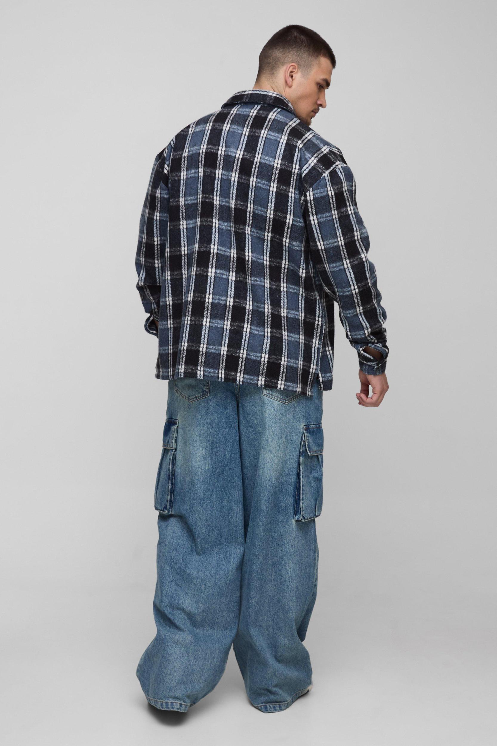 Tall Boxy Split Hem Brushed Flannel Shirt Jacket | boohooMAN USA Product Image