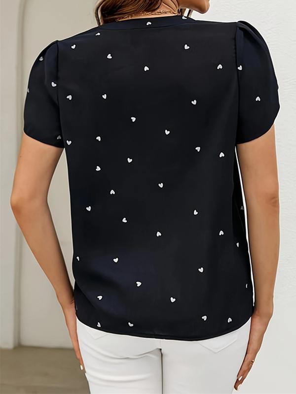 Loose Short Sleeves Pleated Polka-Dot V-Neck Blouses&Shirts Tops Product Image