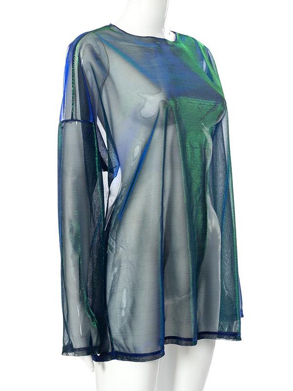 Long Sleeves Loose Gauze See-Through Round-Neck T-Shirts Tops Product Image