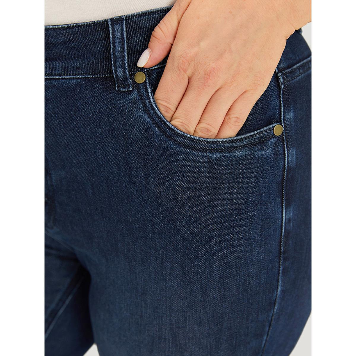 Plus Size Plain Button Fly High Rise Bootcut Jeans Women DarkBlue Casual Plain Plain Medium stretch Pocket Jeans BloomChic 14/1X Product Image