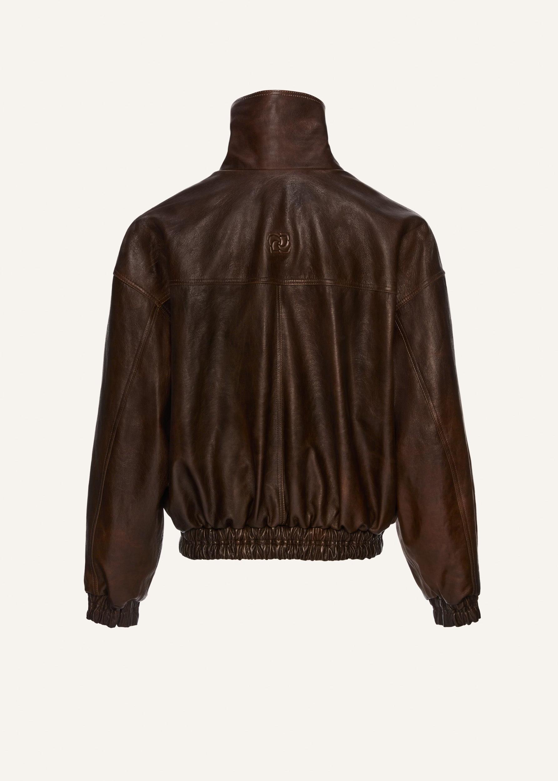 Snap-collar leather aviator jacket in brown Product Image