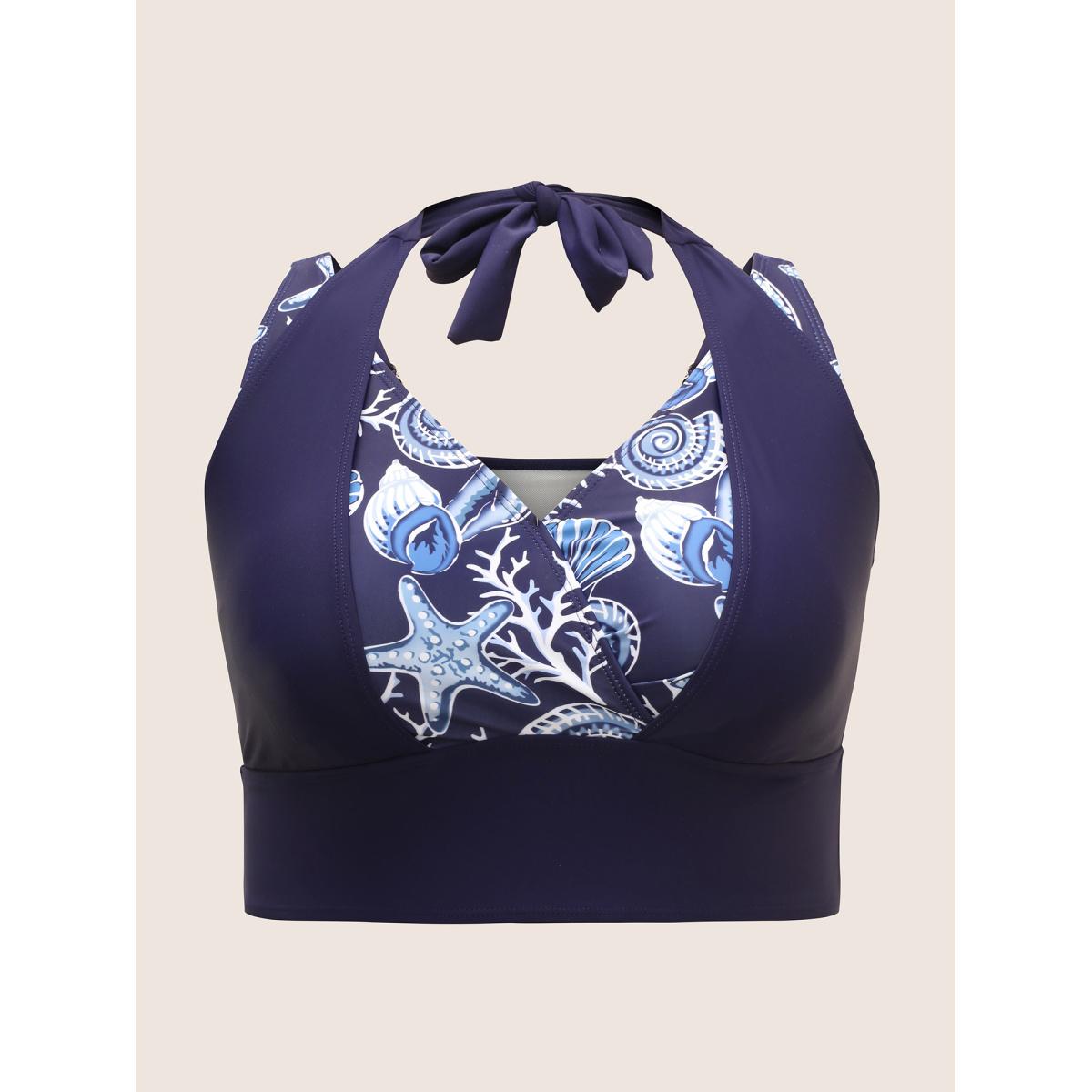 Plus Size Marine Elements Patchwork Tie Knot Swim Top Women's Swimwear Indigo Beach Cross straps High stretch Skinny V-neck Curve Swim Tops BloomChic 26/4X Product Image