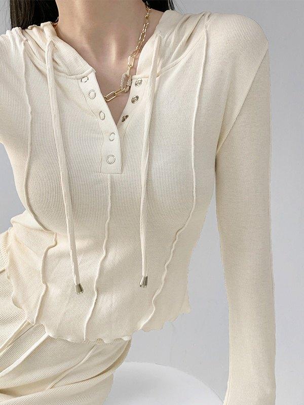 Patchwork Button Up Hooded Knit Crop Top Product Image